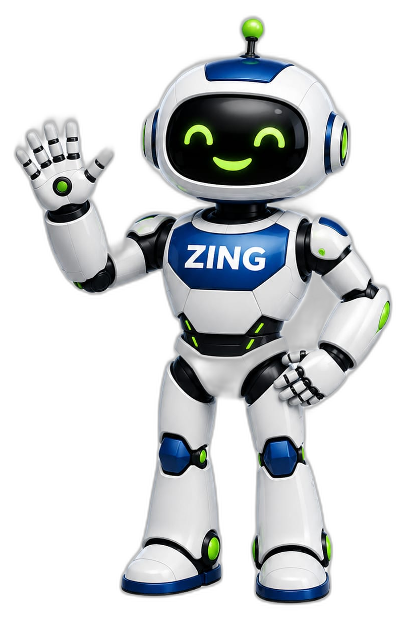 Zing, a friendly robotics companion — one of the robots students build and program with Innobotix